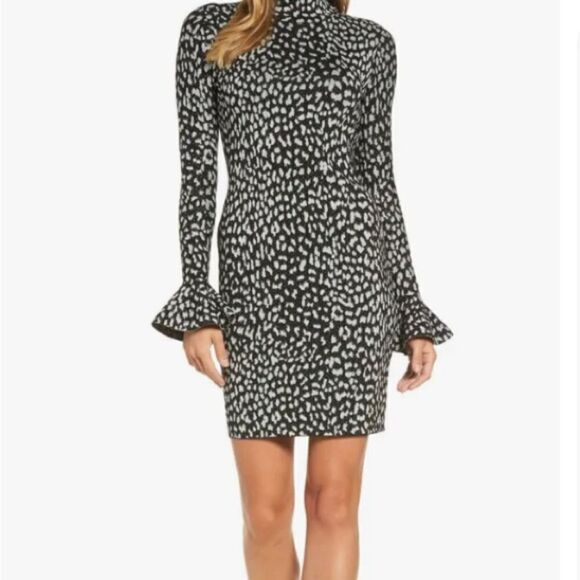 Michael Kors Metallic Cheetah Print Bell Sleeve Bodycon Dress Sz Small - Picture 1 of 12